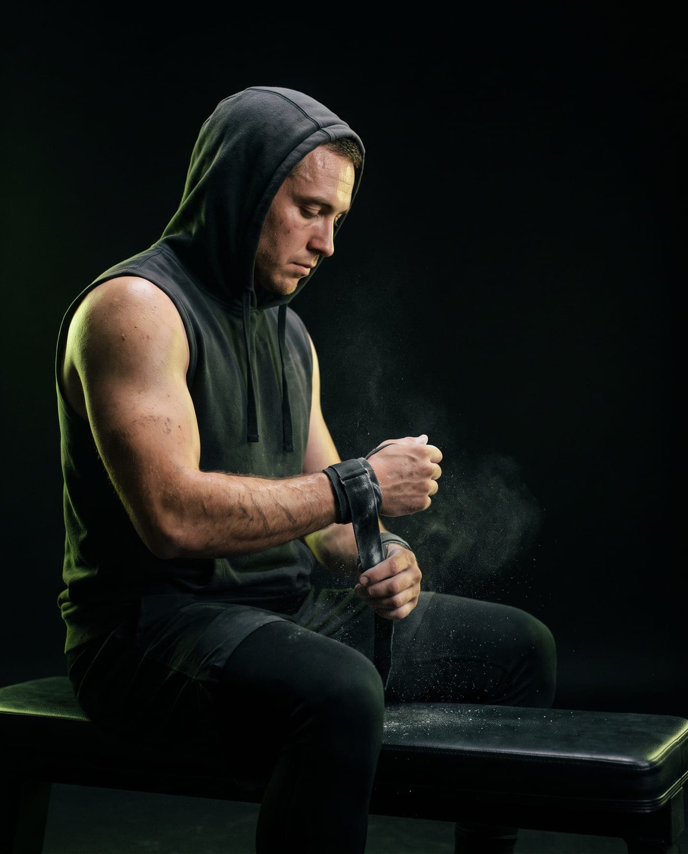 Athlete wrapping wrist straps on a bench between sets, chalk dust in the air
