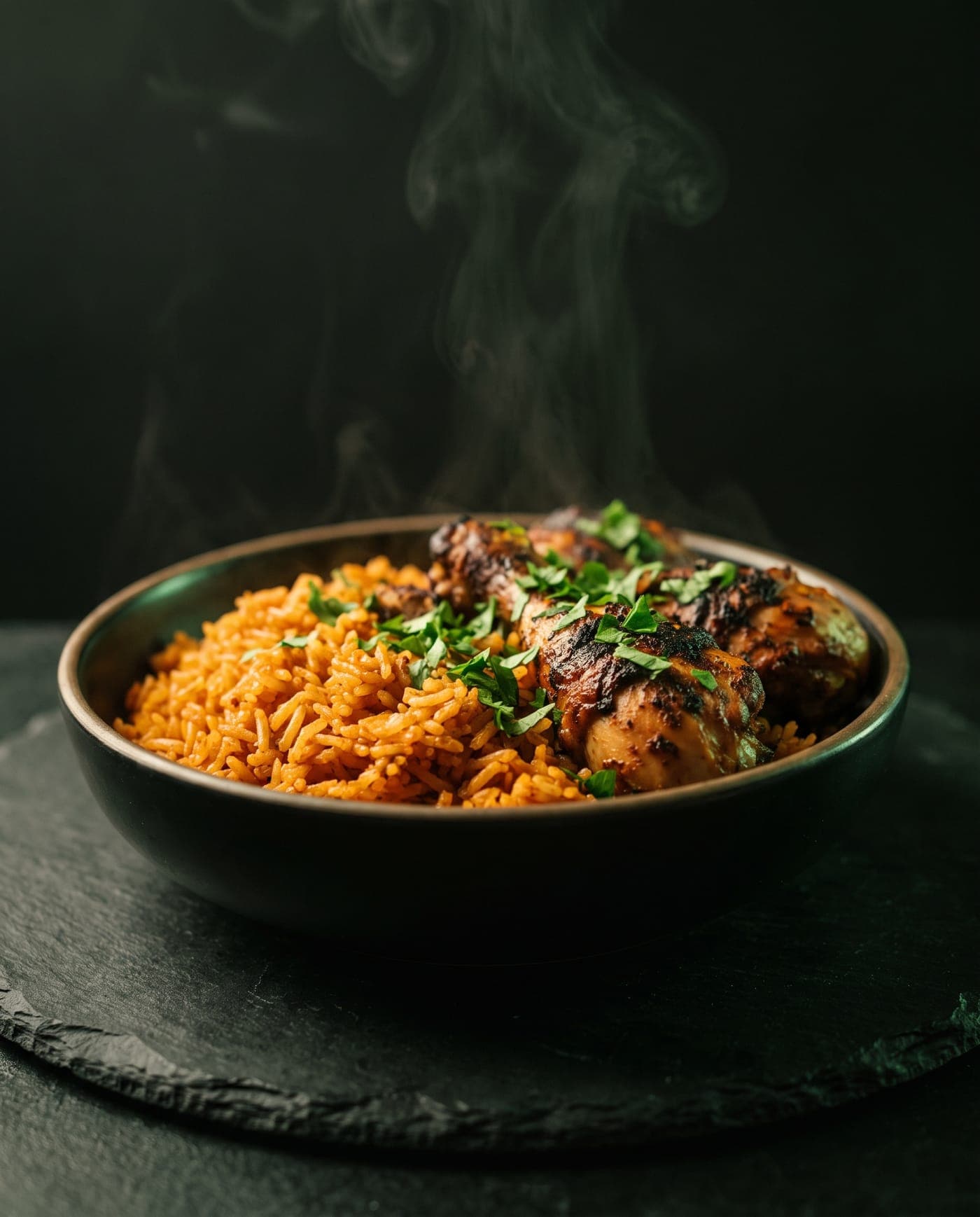 Rice with grilled chicken and fresh herbs in a dark ceramic bowl
